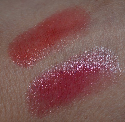L’Oreal Colour Riche Caresse Sticks Cardinal Plume and Cherry Tulle swatches