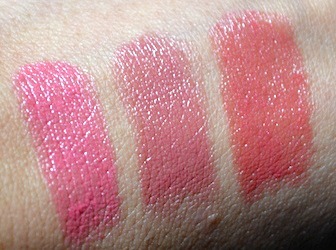 Mary kay True Dimensions lipsticks - First Blush, Tuscan Rose and Coral Bliss swatches