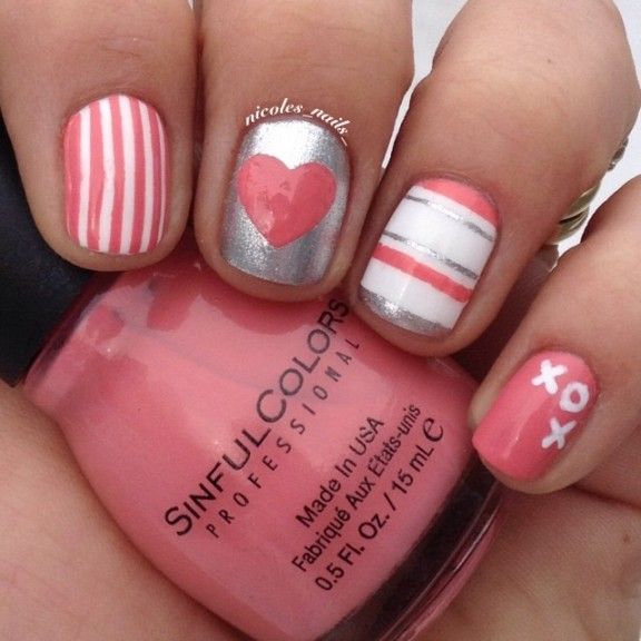 Valentine Day Nail Art idea -Hearts and Stripes