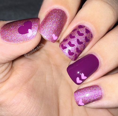 Valentine's Day Nail Art Idea - Purple sparkly heart nails