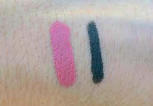 Mirabella Velvet Lip pencil Wanted and Blackmail eye crayon swatches
