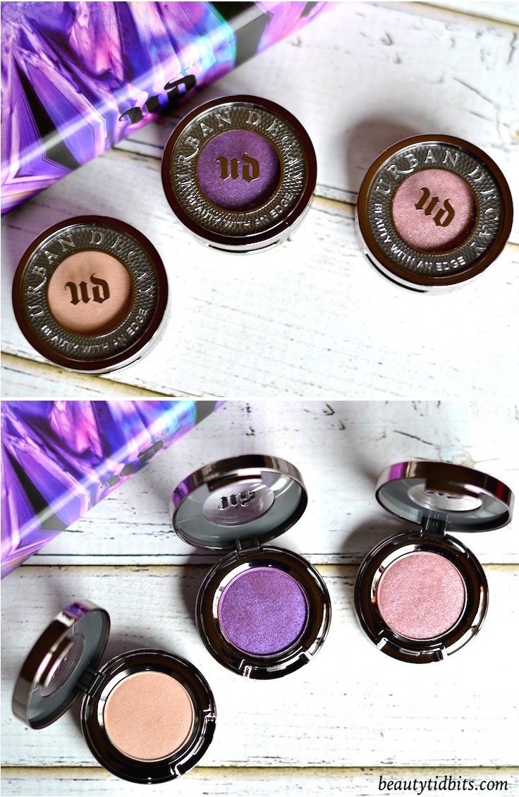 With 3 full-sized eyeshadows and 3 full-sized 24/7 eyeliner pencils plus a deluxe sized primer, Urban Decay Urban Essentials Eye Kit is an amazing value set for only $48! Click through for more details and swatches! These are the 3 eyeshadows that are included in the set - Sellout, Psychedelic Sister and Bordello