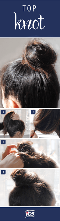 This simple top knot is the perfect way to throw back your hair when you’re running late!