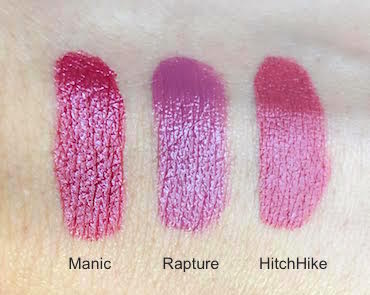 Urban Decay Vice Lipstick swatches Manic, Rapture and HitchHike
