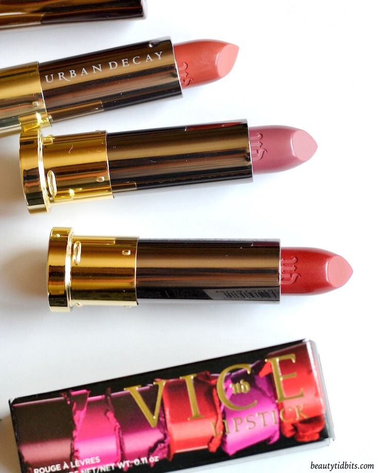 Urban Decay Vice Lipsticks in Hitch Hike, Rapture and Manic - click through to see more photos and swatches!