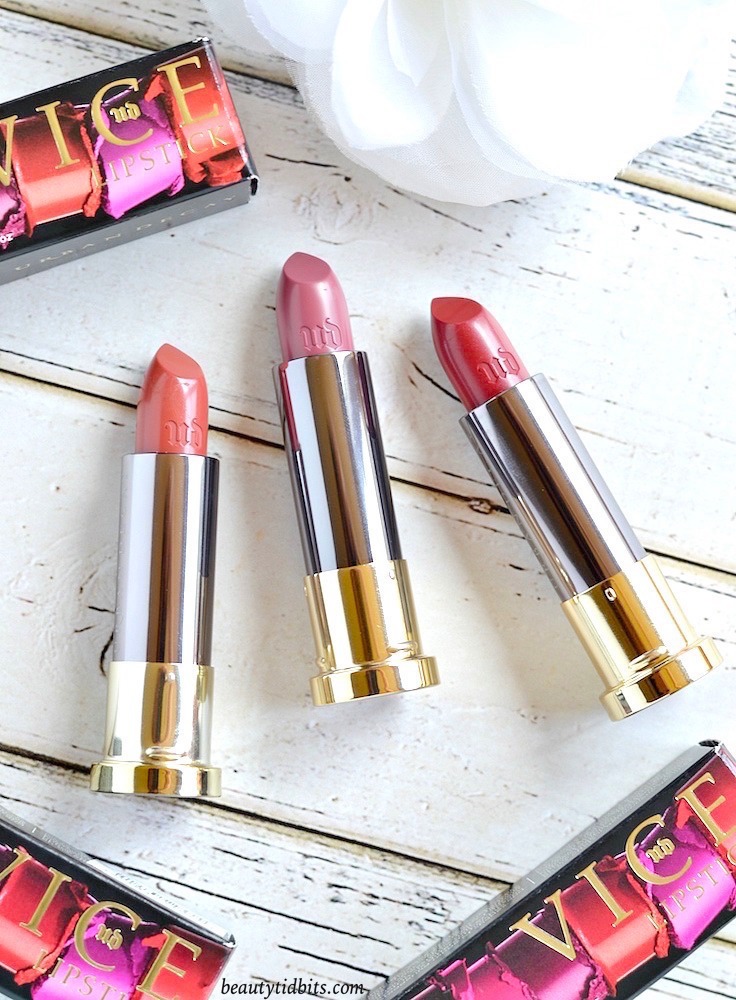 Urban Decay Vice Lipsticks in Hitch Hike, Rapture and Manic - click through to see more photos and swatches!
