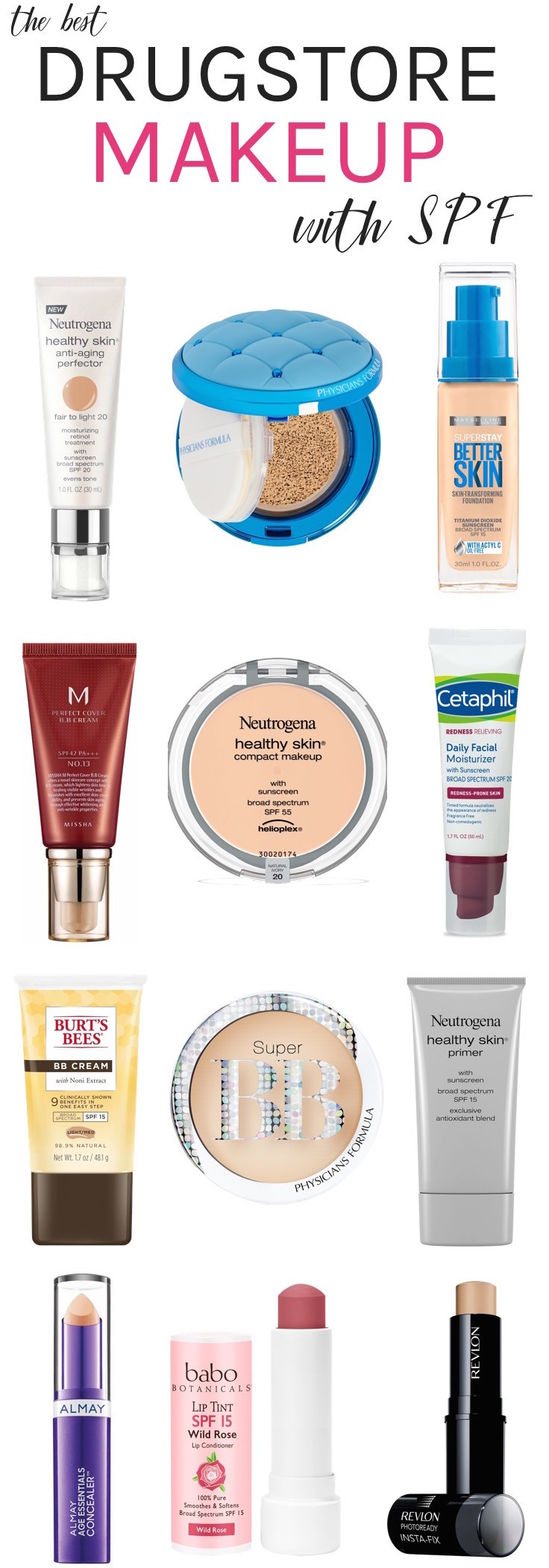 Best Drugstore makeup with SPF | Whether you’re trying to hide dark spots or boost a dull complexion, here are 15 multitasking drugstore makeup must-haves that beautify your complexion while serving up extra SPF! Click through to see the full list!