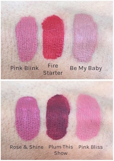 Rimmel London Stay Matte Liquid Lip Color Swatches - Pink Blink, Fire Starter, Be My Baby, Rose & Shine, Plum This Show and Pink Bliss