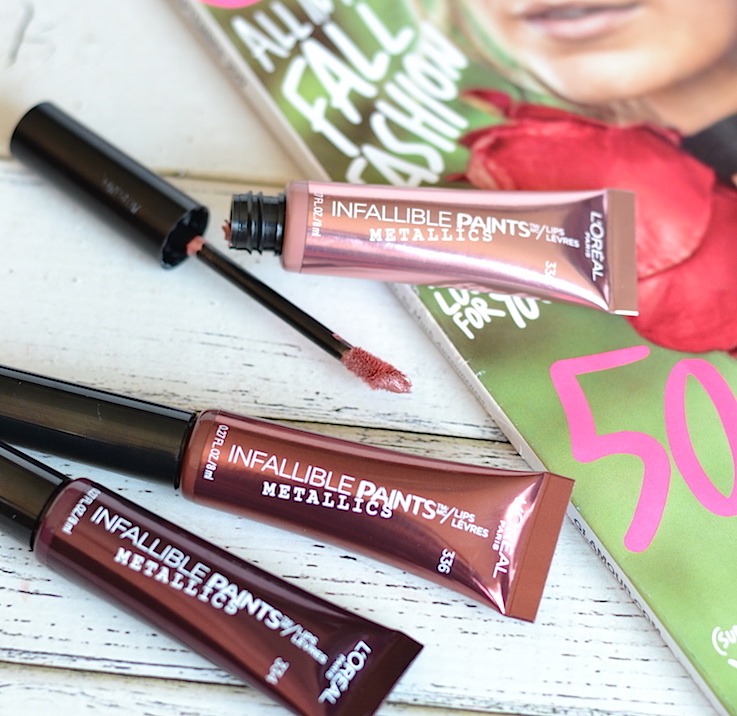 Metallic makeup is totally on trend these days! Bring on the drama with L’Oreal Infallible Metallic Lip Paints liquid lipstick that offers full coverage, vibrant color with a true metallic finish and comfortable wear. 
