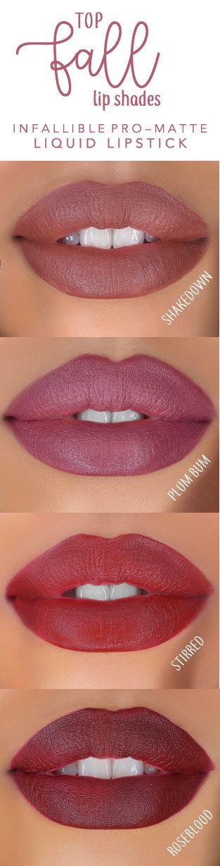 L'Oreal Infallible Pro Matte Liquid Lipstick swatches: 352 Shakedown, a reddish brown nude; 362 Plum Bum, a plum purple-pink; 366 Stirred, a dark berry red; and 370 Roseblood, a deep oxblood red.